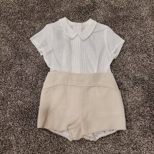 Del Sur Spanish Baby Boy 2pc Set White Pintuck Shirt Beige Button Shorts 18M